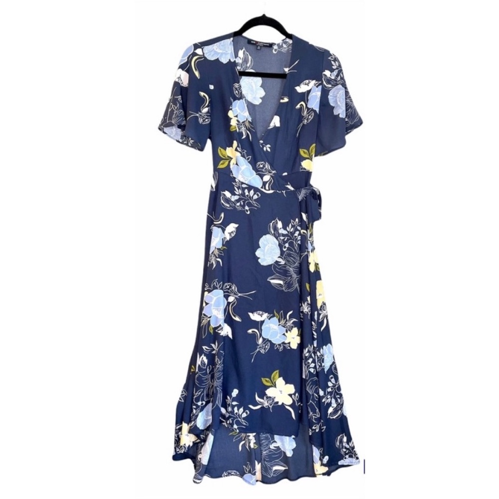 One Clothing Blue Floral Wrap Midi Dress